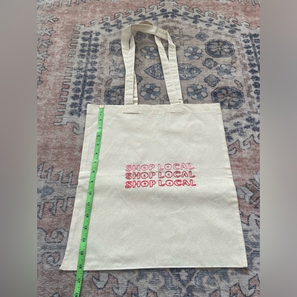 Hand Embroidered Pink ‘Shop Local’ Tan Canvas On The Go Tote Bag - Picture 5 of 5